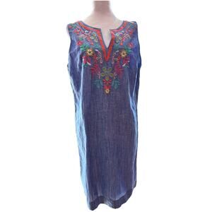 Talbots Floral Embroidered Chambray Linen Blend Shift Dress Sz 12 NWT Beachy